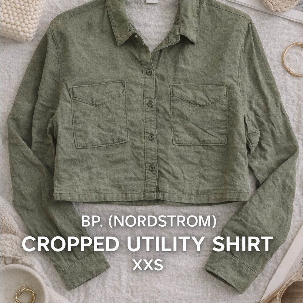 BP. Nordstrom Olive Utility Shirt cropped XXS Rayon Button Front - Picture 2 of 10